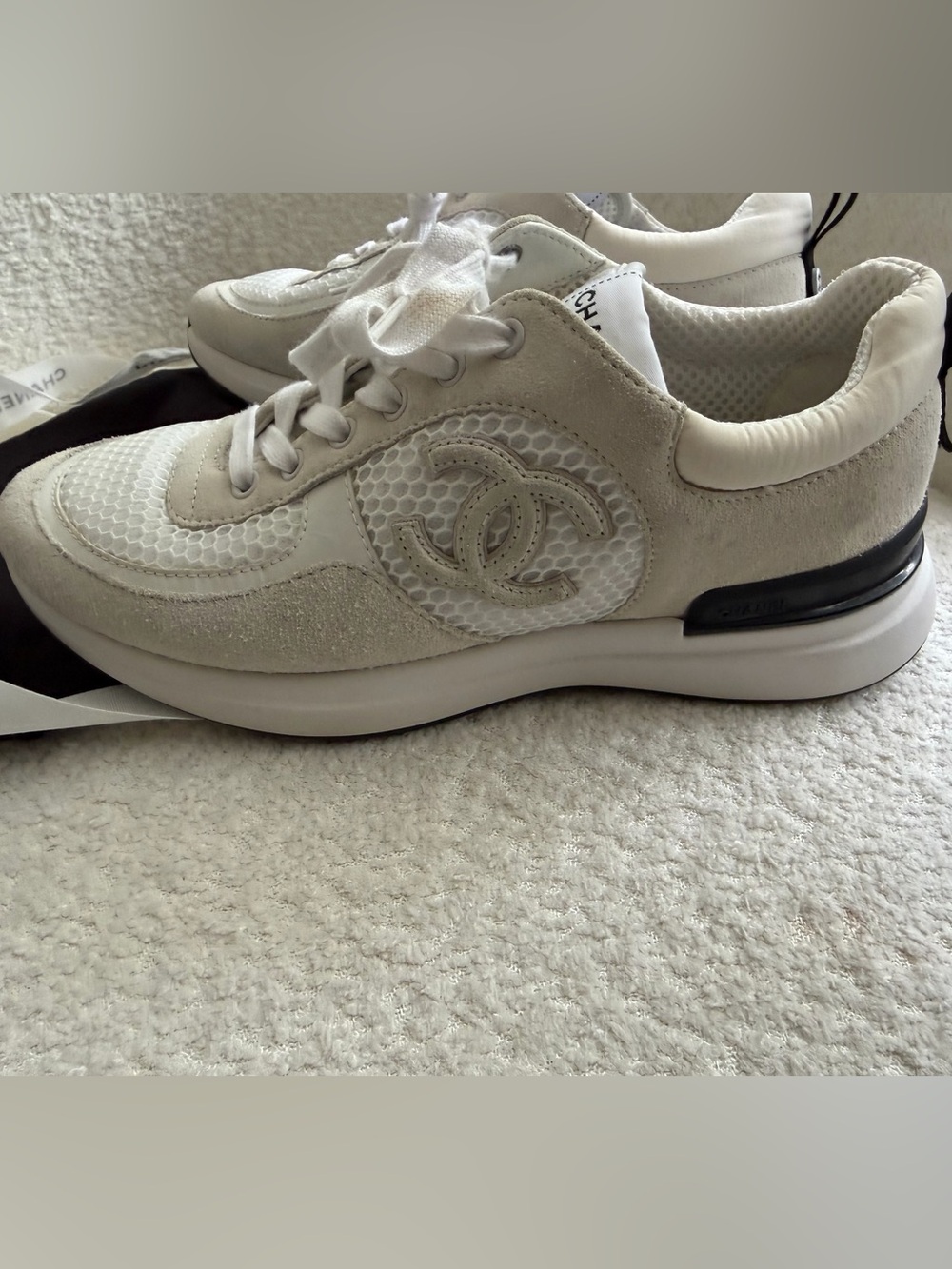 CHANEL Cream and White Interlaced CC Logo Sneakers